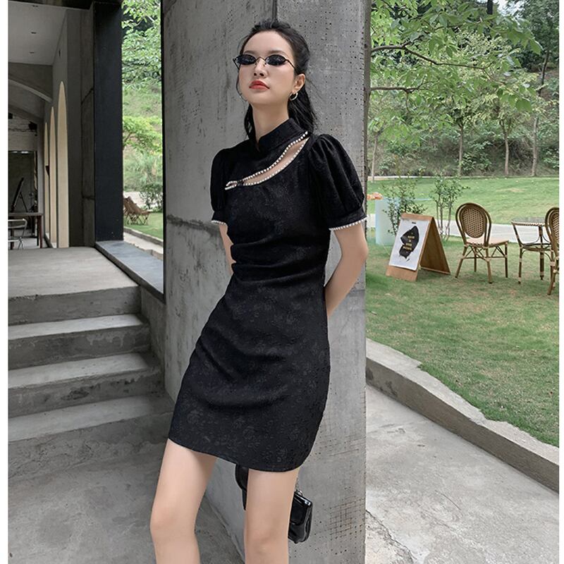 [Hmaimai Series] ★China style dress★ Sexy short sleeve short length cheongsam dress slimming black