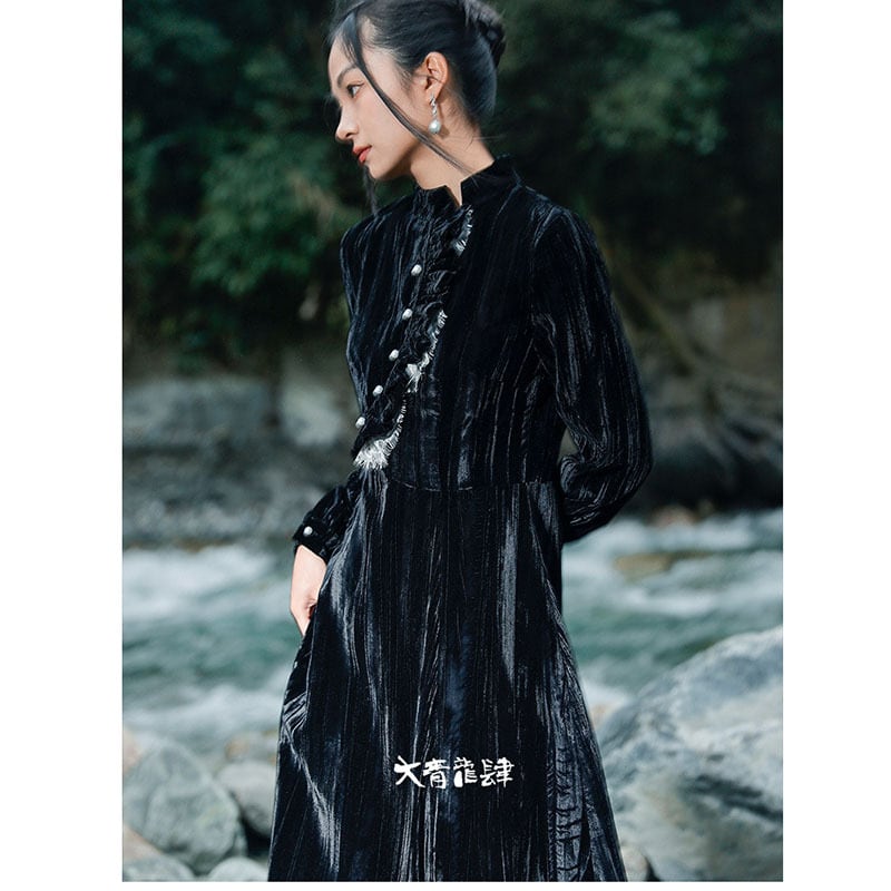 [Da Qinglong Shu Series] ★China style dress★ Improved cheongsam dress velvet long length black black improves temperament