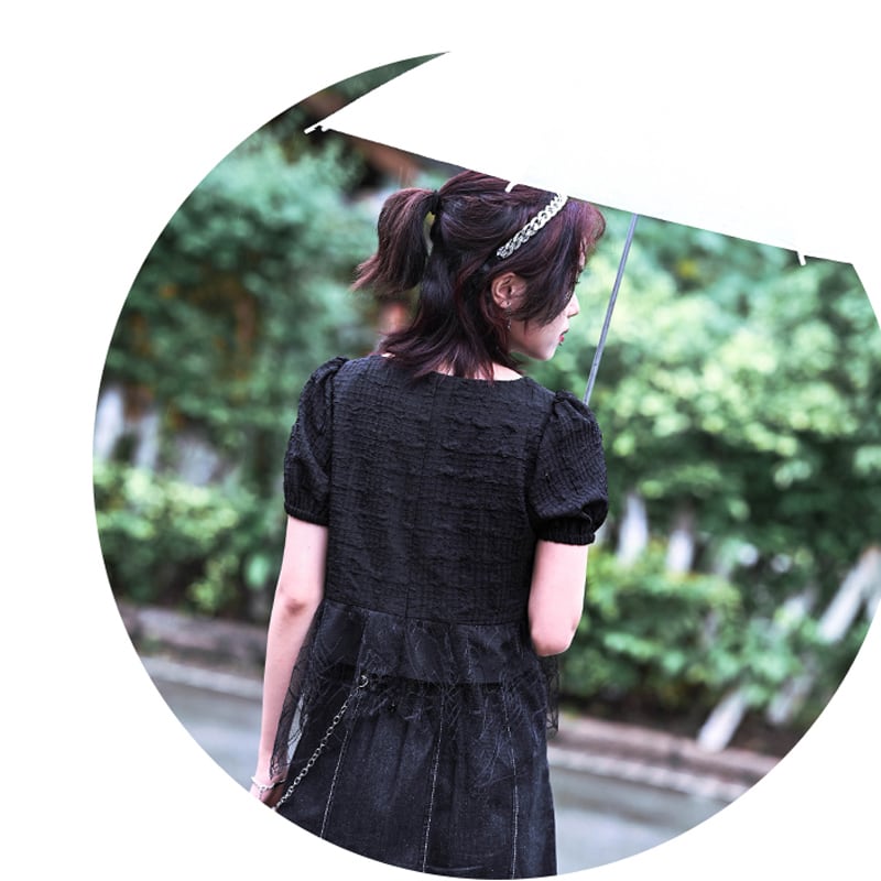 [Kokaishan---Hinago Series] ★Tops★ Short sleeve tops switching black black original short length