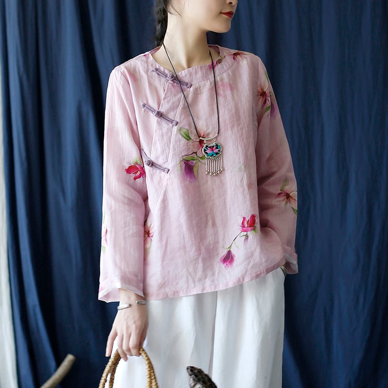 [Light ink series] ★China style tops★ Shirt Improved temperament Improved Tang suit Thin floral pattern Pink China button