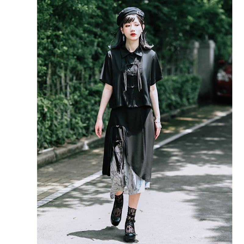 [Kokaisha---Bamboo Series] ★Chinese style skirt★ Fringe Chinese clothing Original Color scheme Irregular Black Black