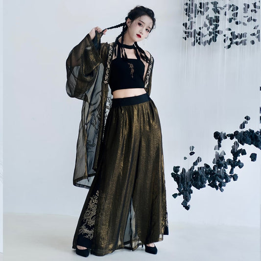 [Kyodo Series]★China style trousers★ Gaucho pants, dragon embroidery, unisex, couple clothes, men's wide pants, tulle, elastic waist