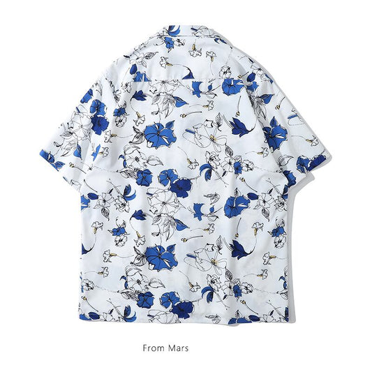 [From Mars Series]★Retro Shirt★ Unisex Floral Pattern Men's Short Sleeve Tops Summer Beach Travel Date White White