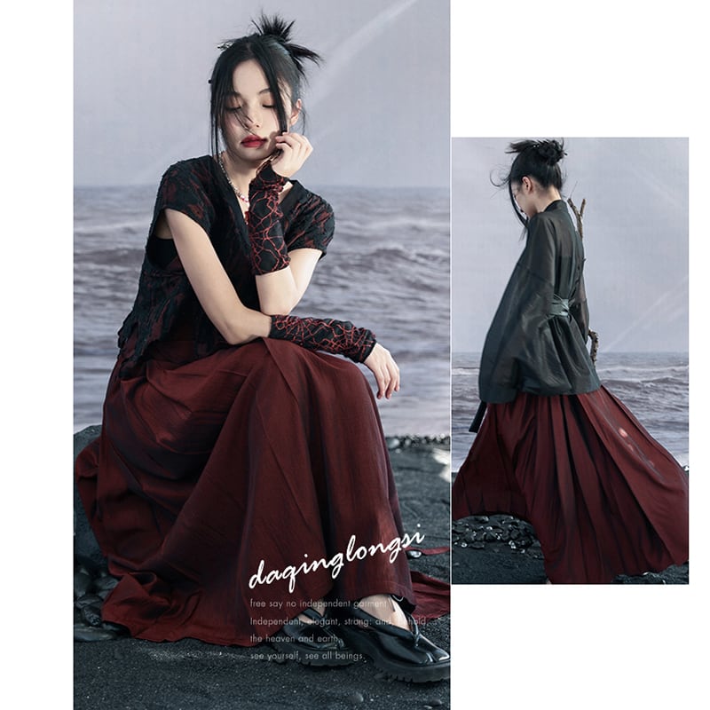 [Da Qinglong Shu Series] ★China style skirt★ Designed bottoms Hanfu skirt original wine red