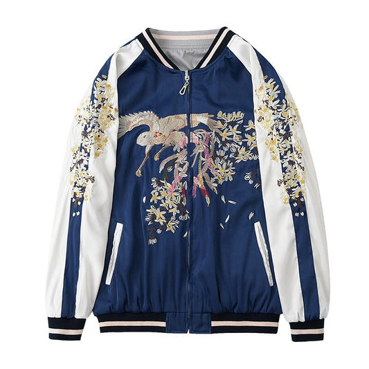 Embroidered stadium jacket, clothes that can be worn on both sides, casual, long sleeve, cute, blue, large size