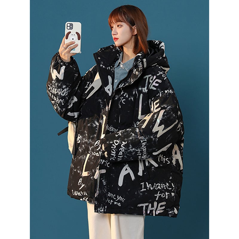 [Ushiomiomi Series] ★Winter Coat★ Cotton Coat Outerwear 2color Unisex Men's Graffiti Alphabet Black