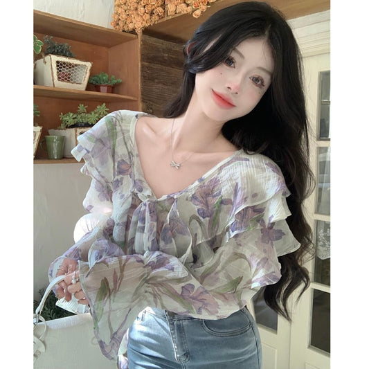 [XIXIBI Series]★Blouse★ Tops, Floral pattern, Improves temperament, Women's fashion, Easy to match, Cute