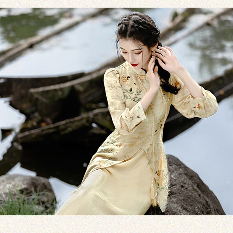 [Az Suna Series] ★Chinese style dress★ Chinese dress print switching SML XL Retro SML XL