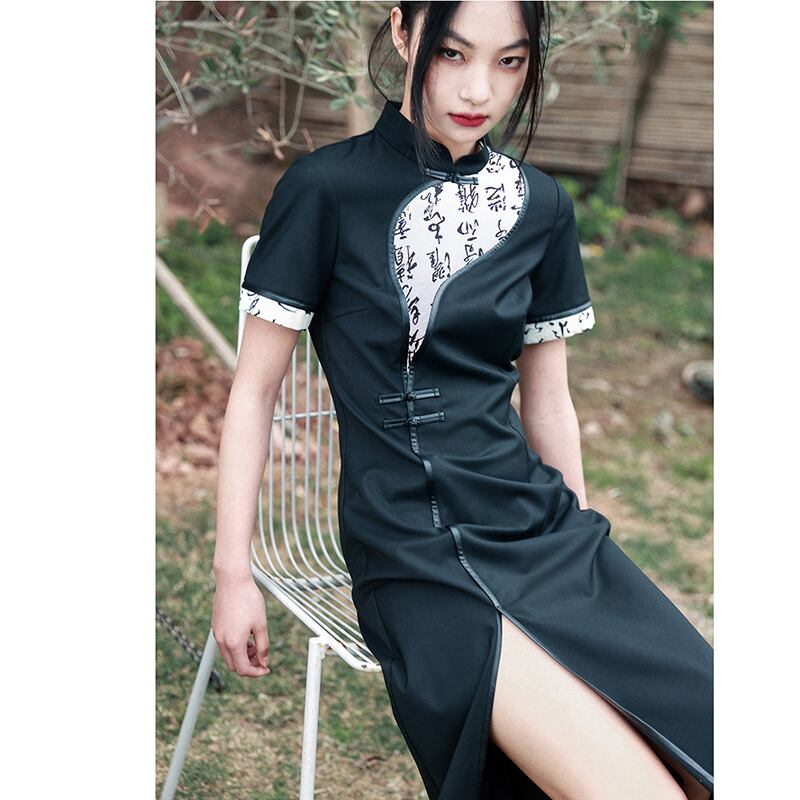 [Daiseiryusu Series] ★Chinese style dress★ Chinese dress, Chinese clothing, original, short sleeves, switching, letter pattern