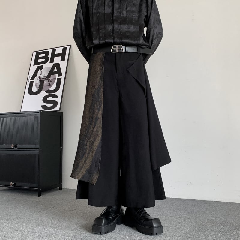 [Illustrated series]★China style trousers★ Gaucho pants, irregular, unisex, men's, nine-quarter length, black, black switching