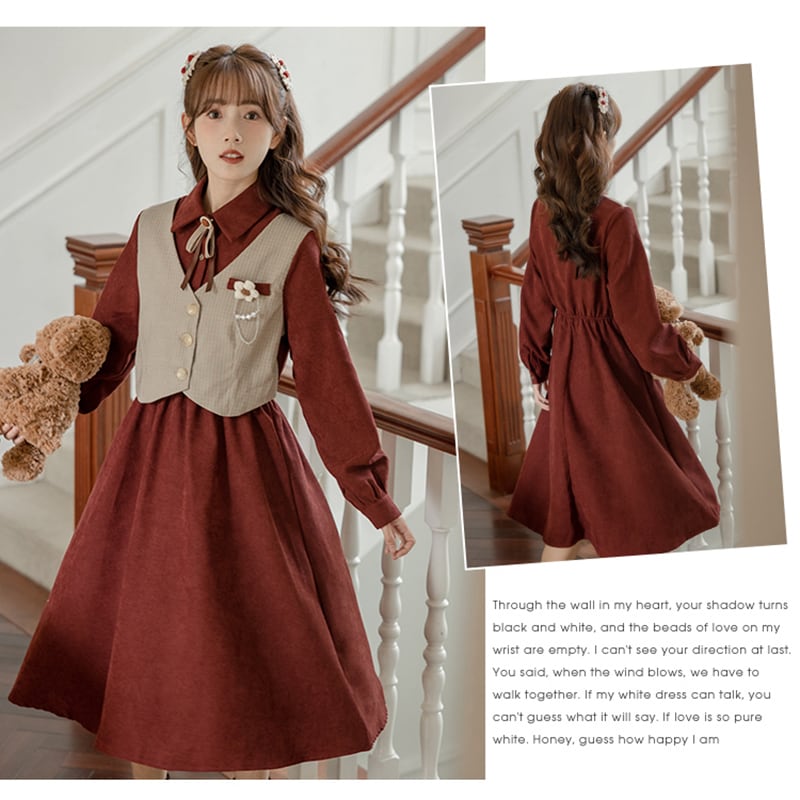 [Minami no Mori Series] ★One Piece★ 2color Faux Layered Fashion Ladies Switching Ribbon Wine Red Khaki Brown