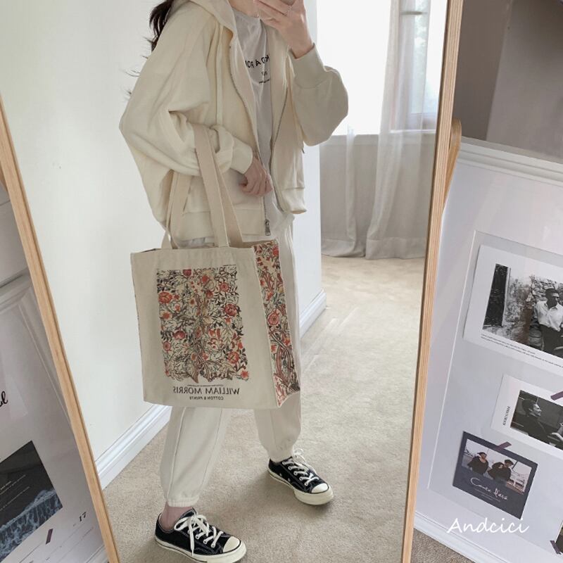 [Andcici Series]★Bag★ Tote bag, canvas bag, large capacity, date, floral pattern, oil painting style, commuting to work or school, beige, cute