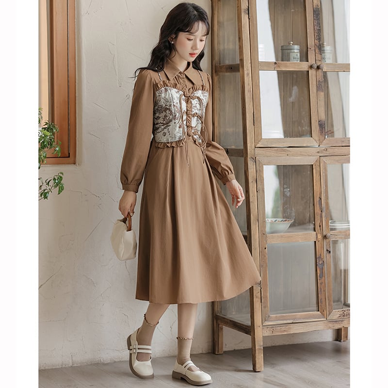 [Shukunsho series] ★China style dress★ 2color fake layered ladies cute retro autumn clothes black coffee color