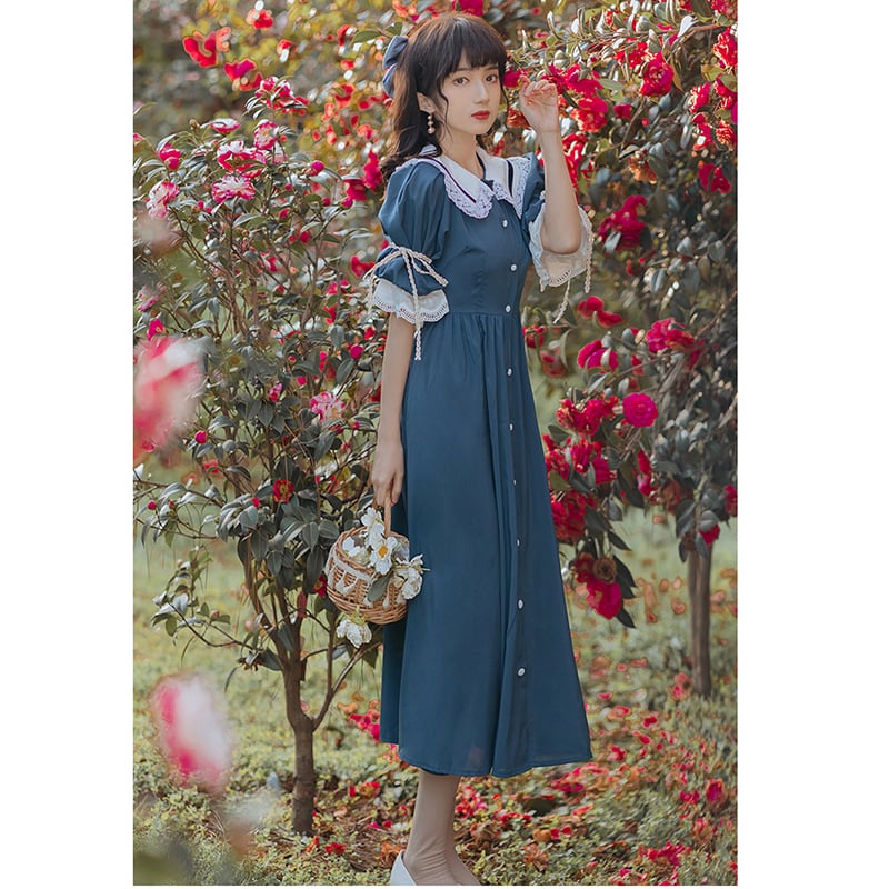 [Jinkyoku Series] ★One Piece★ Retro Dress Cute Ladies Date Shooting Design Color Scheme Blue Blue