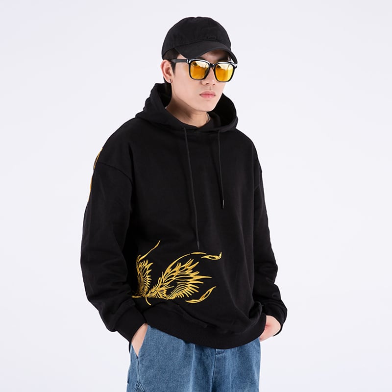 [Machiha clan series]★China style hoodie★ 2color black or white gold phoenix red phoenix embroidery stylish unique unisex men's