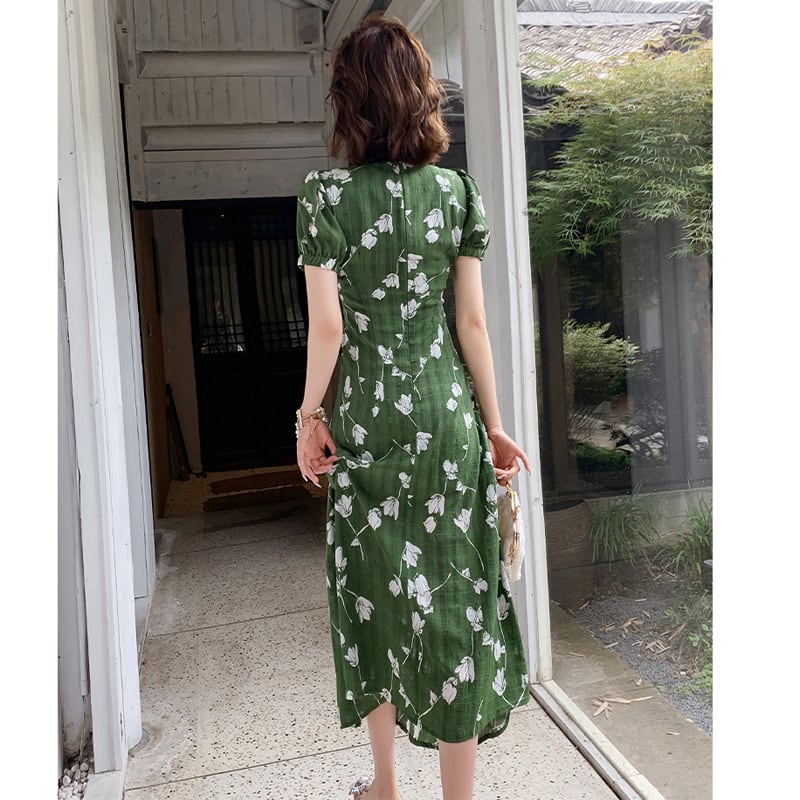 [Weice series] ★China style dress★ Improved cheongsam dress Floral pattern dress Slimming green Green