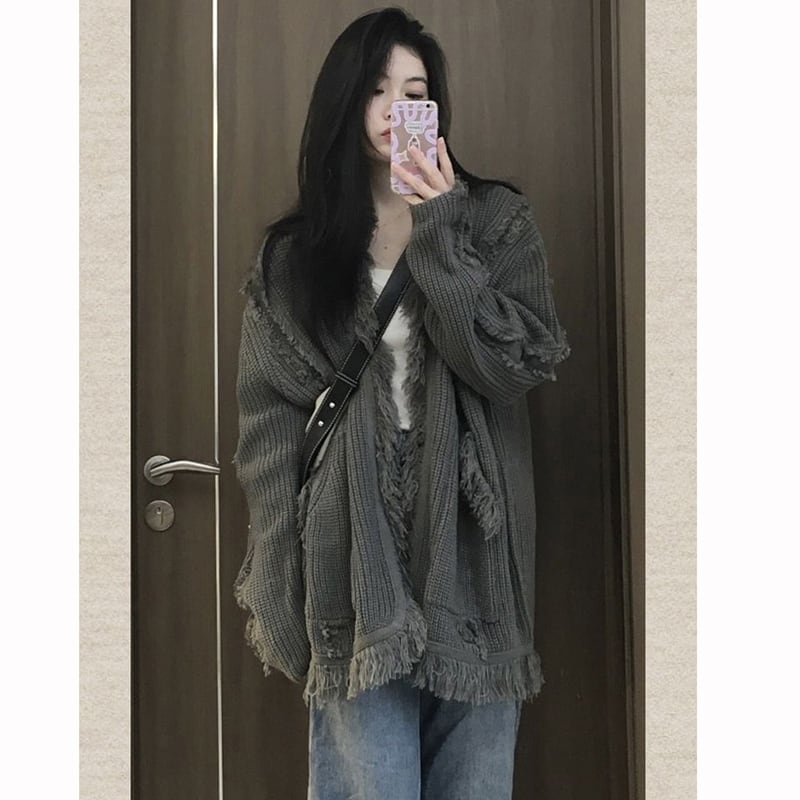 [SUFEI Series]★Cardigan★ Sweater Irregular Retro Gray Gray Casual Easy to Match