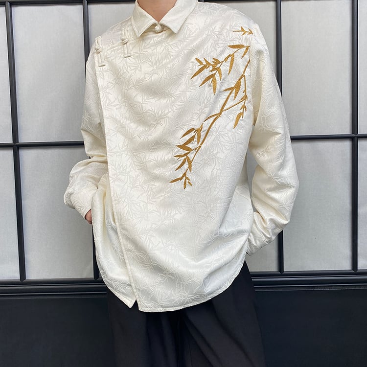 [Illustrated series] ★China style shirt★ 2color tops embroidery bamboo unisex men's black apricot