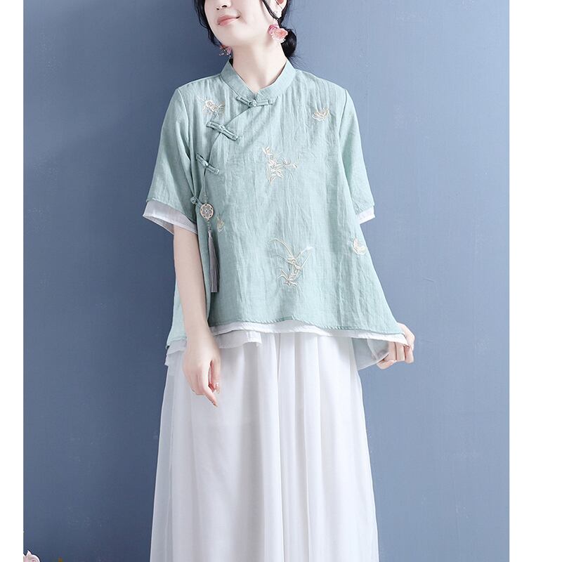 [Qing Series] ★Chinese style tops with decorations★ 4 colors cotton linen embroidery summer simple pink blue green white green