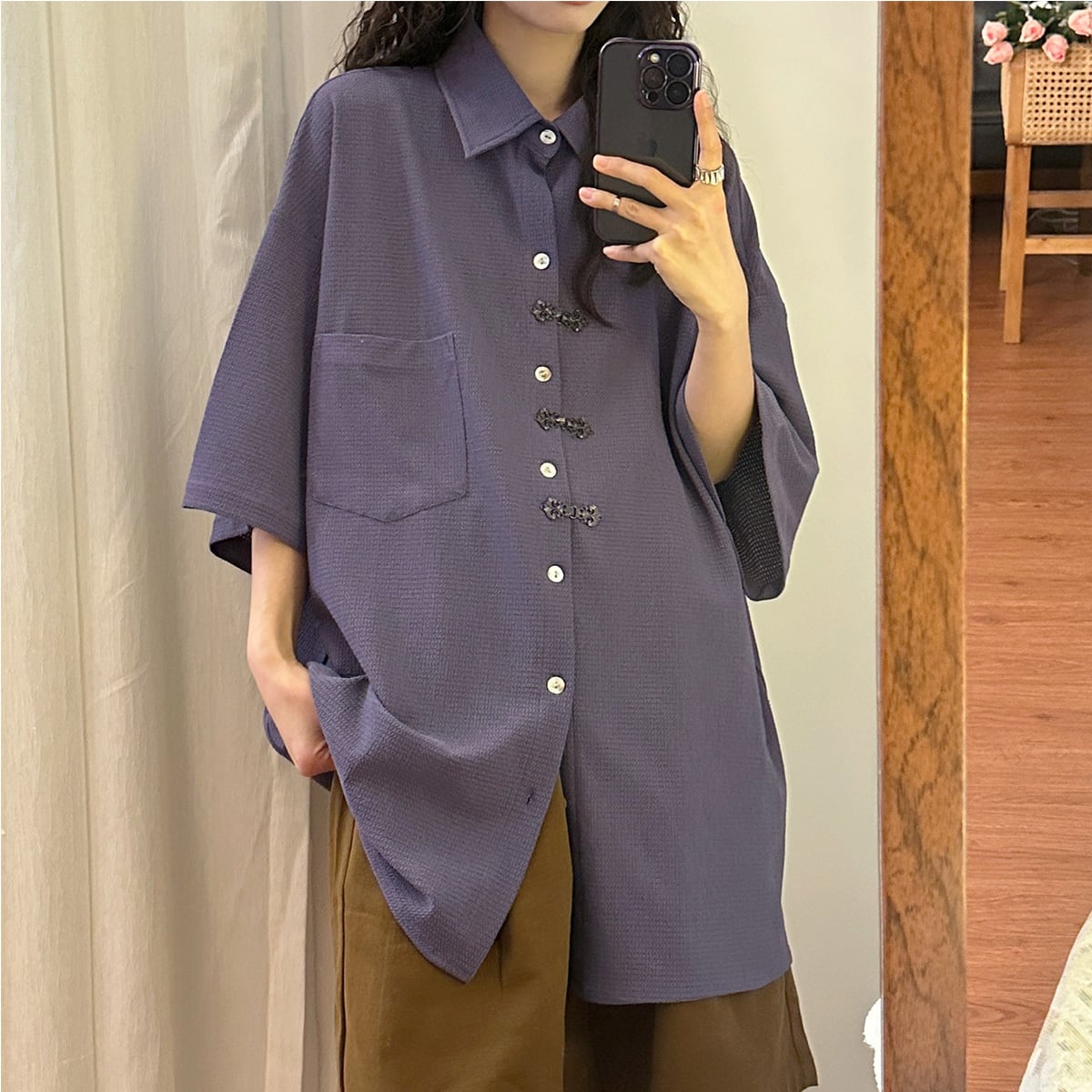 [UATONLINE Series]★China Style Shirt★ Thin Medium Chinese Clothes Tops Unisex Men's Short Sleeve Shirt Purple