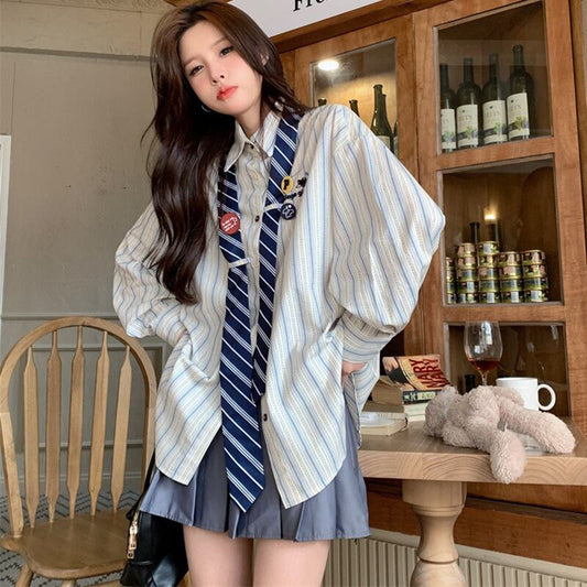 [Koshinke Series]★Shirt★ 2color Tops Vertical stripes Striped pattern Black Blue Light brown Loose Cute