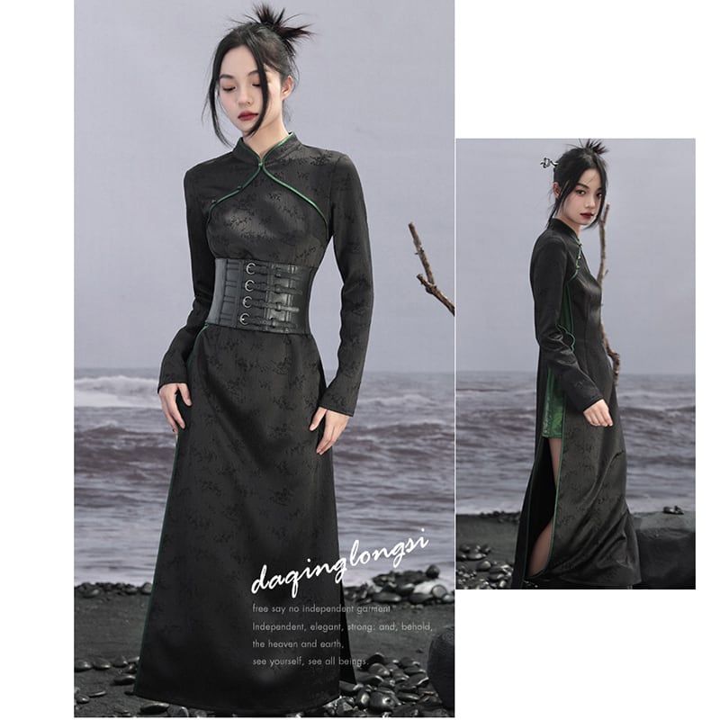 [Da Qinglong Shu Series]★Chinese style dress★ Improved Chinese dress, long sleeves, switching, long length, original, improves temperament, Chinese clothes, black