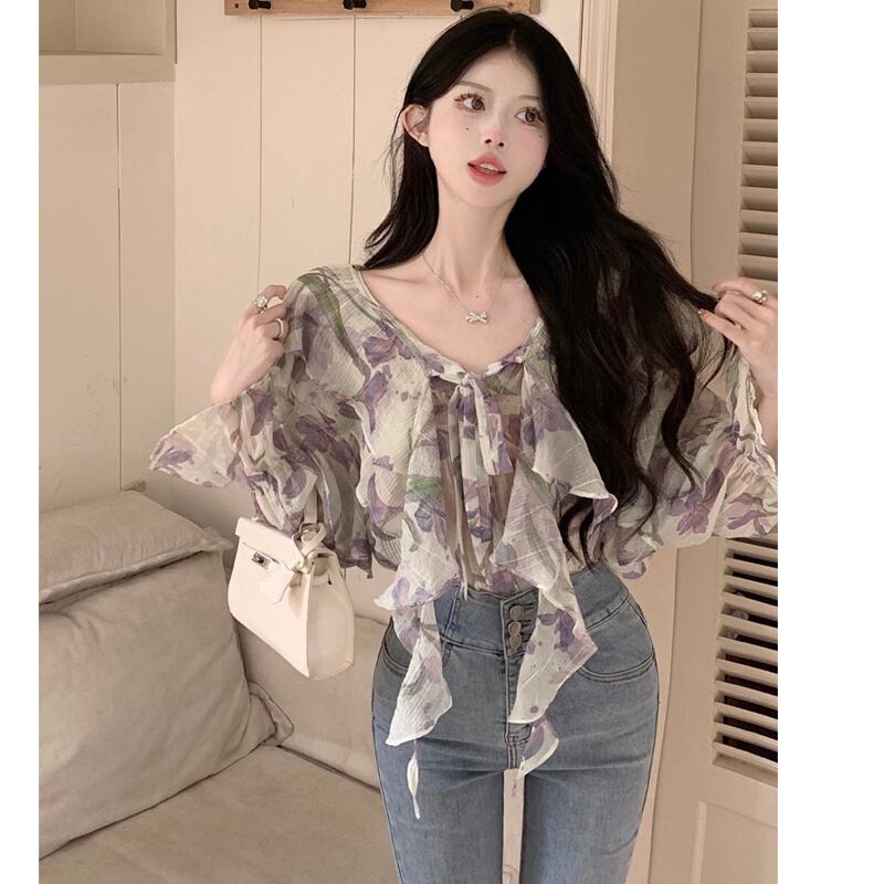 [XIXIBI Series]★Blouse★ Tops, Floral pattern, Improves temperament, Women's fashion, Easy to match, Cute