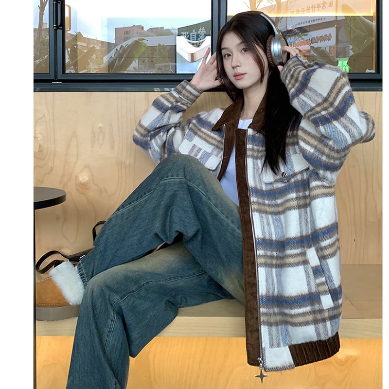 [Yuyiyeon Spicy Series] ★Outerwear★ Plaid Jacket Switching Casual Retro Easy to Match