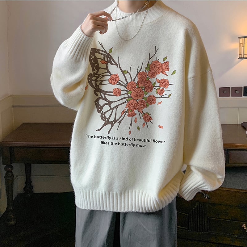 [Emperor series] ★Tops★ 4-color sweater, floral pattern, unisex, men's, large size, white, black, gray, coffee color