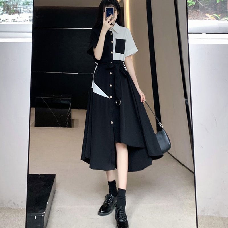 [PANGSAO series]★Shirt dress★ Long length irregular color scheme commuting date office lady large size black black