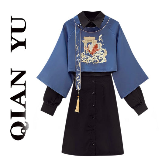 [QIANYU series]★China style setup, single item order★ Tops or dress embroidery black blue