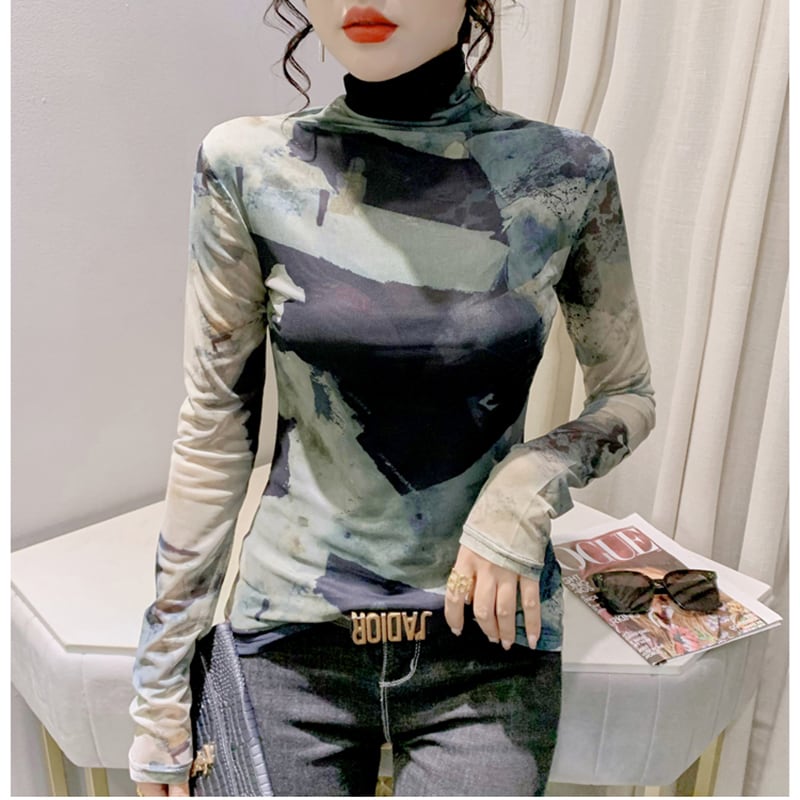 [YINUO Series] ★Tops★ T-shirt Turtleneck Sexy Slimming Ladies Tie-dye