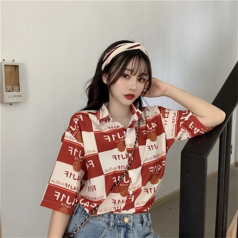 [YOUZI Series]★Retro Shirt★ Short Sleeve Shirt Tops Print Retro SML XL Thin Red Red Cute