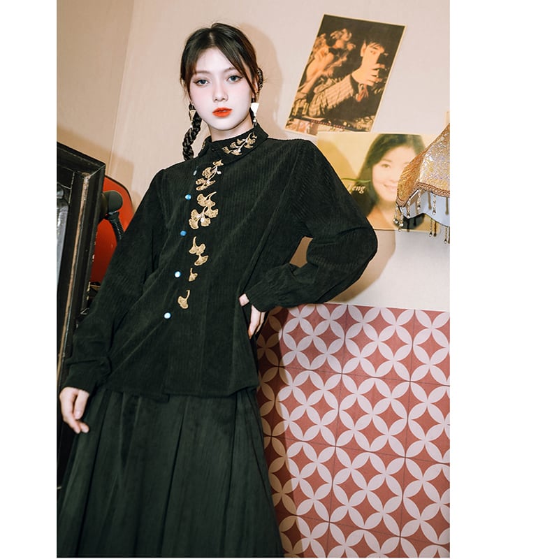 [Kokaisha --- Leaf Series] ★Chinese style tops★ Embroidery Hanfu tops Corduroy Thick Autumn/Winter Clothes Retro Black