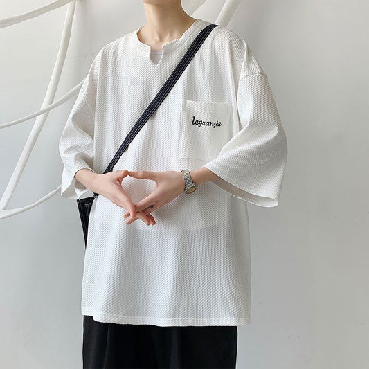 [BIGEMAN Series]★T-shirt★ Tops 2color Unisex Men's Large Size Simple Embroidery Black White