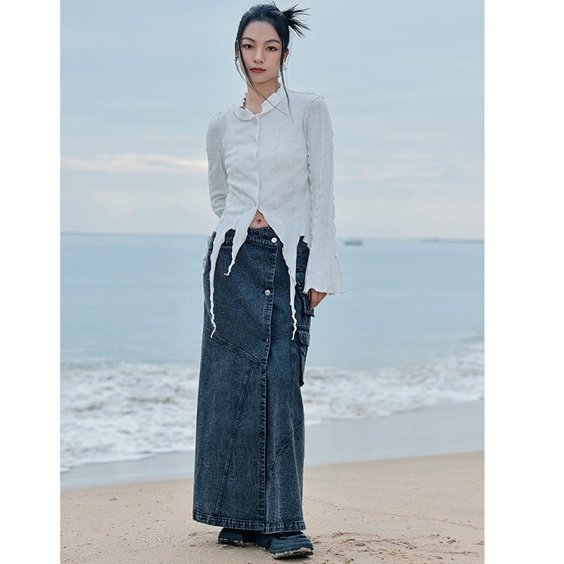 [Daiseiryusu Series] ★China style skirt★ Bottoms Denim skirt Long skirt Slit