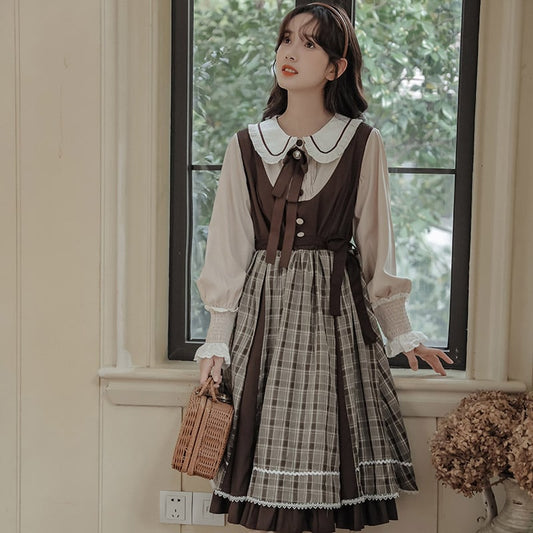 [DACHENGZI Series] ★Dress★ Fake Layered Dress Checkered Pattern Cute Retro S M L XL