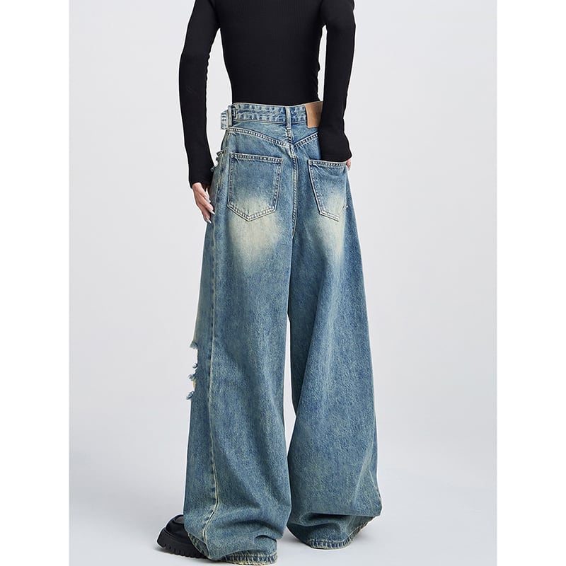 [EDX Series]★Denim Pants★ 2color Bottoms Unisex Men's Black Blue Distressed Easy to Match