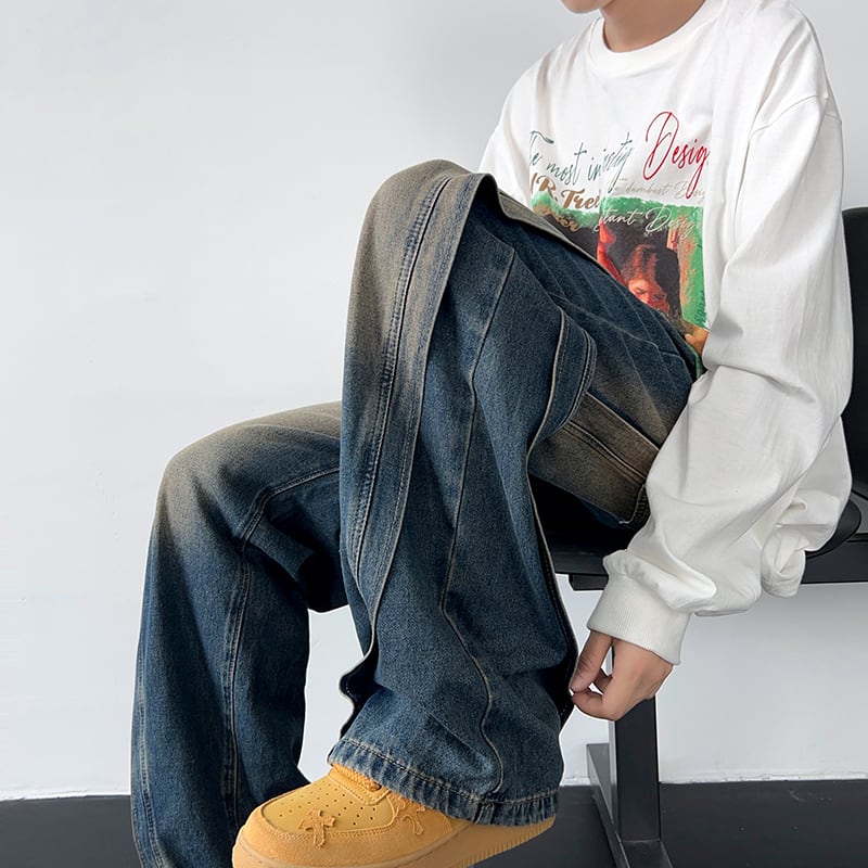 [V37 Series]★Denim pants★ 2color bottoms pants unisex men's gradation black blue