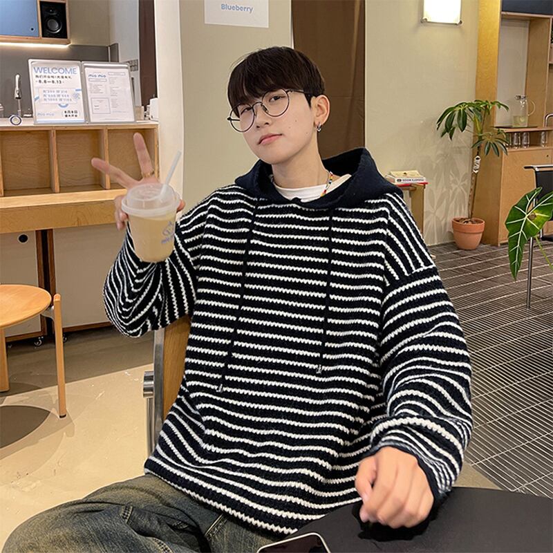 [NANSHI Series]★Sweater★ 2color Knit Parka Tops Unisex Men's Horizontal Stripes Striped Pattern Black Blue