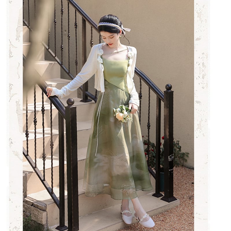 [Az Suna Series]★Setup★ Thin outerwear + hanging dress, Republic style, Green, Improves temperament, Wedding