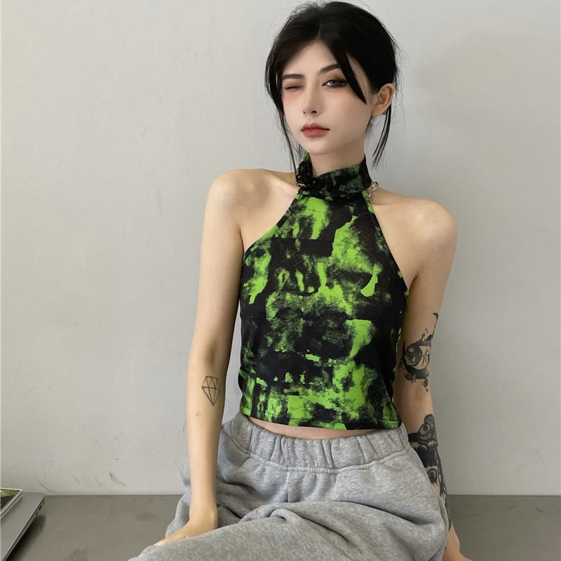 [Style Series] ★China style tops★ Camisole Tank Top Tie-dyed Easy to match Slimming Green Green