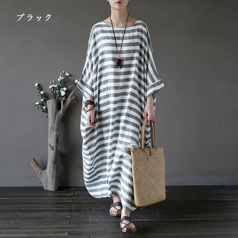 [LIANSHANG series] ★China style dress★ 3color loose body cover horizontal stripes striped pattern literary style