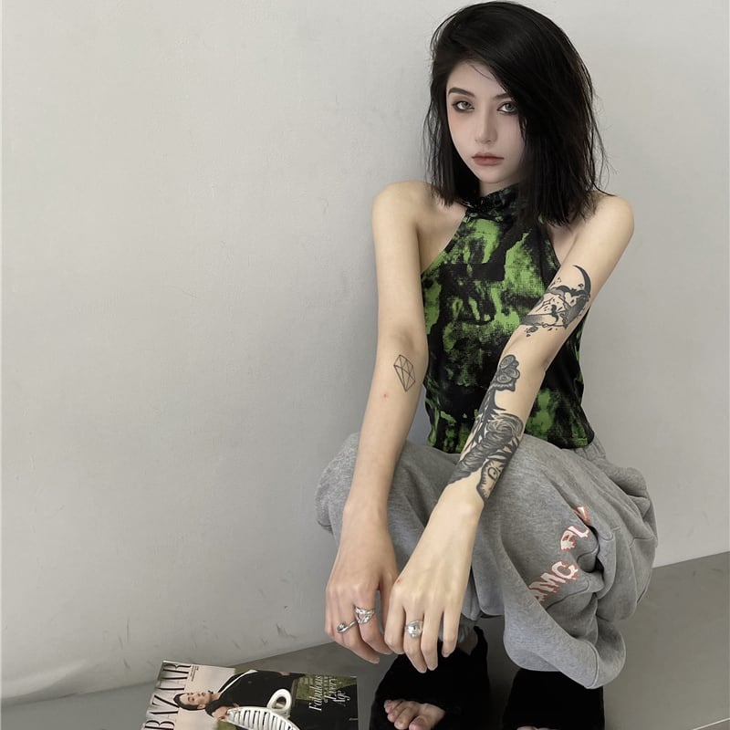 [Style Series] ★China style tops★ Camisole Tank Top Tie-dyed Easy to match Slimming Green Green