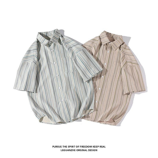 [BIGEMAN Series] ★Short sleeve shirt★ Tops 2color Unisex Men's Large size Summer clothes Vertical stripes Striped pattern