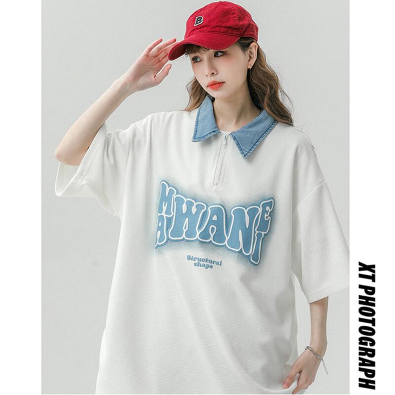 【藤伊曼シリーズ】★Tシャツ★ トップス 3color 男女兼用 メンズ POLOネック アルファベット 夏服