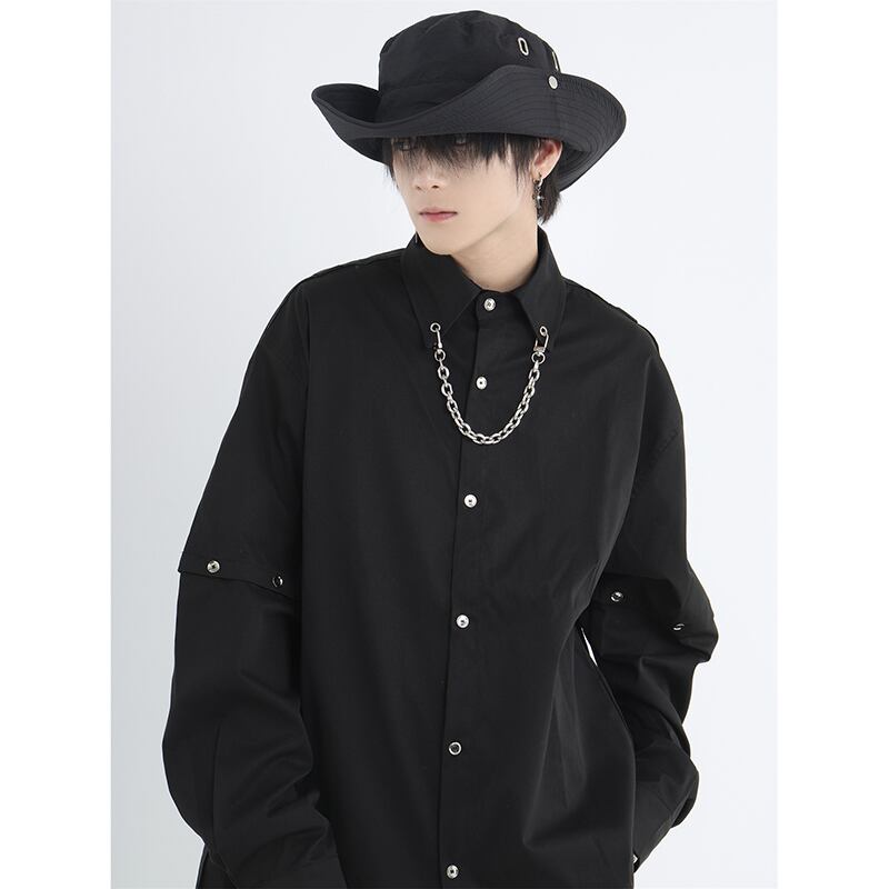 [Istudios Series]★Shirt with chain★ 2color tops long sleeve shirt short sleeve shirt unisex men's black green