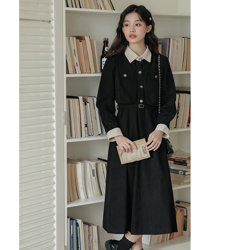 [Encounter series] ★Dress★ 2color with belt corduroy temperament improvement date easy to match