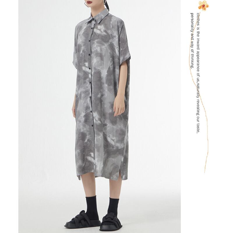 [YIDAO Series]★Shirt dress★ 2color long shirt print retro floral pattern loose blue gray summer clothes