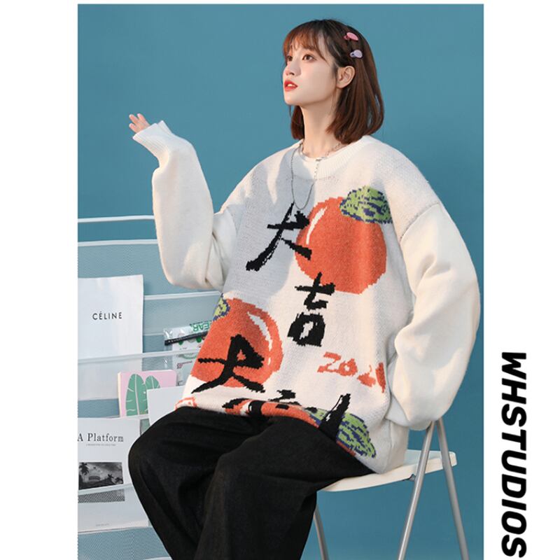 [Ushiomiomi Series] ★Sweater★ 3color knit tops Unisex Men's Letter pattern Kanji pattern Cute Casual